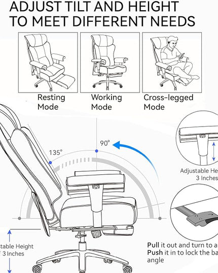 Efomao Big and Tall Office Chair 450LBS with Foot Rest, High Back PU Leather Executive Chair with Adjustable Padded Armrests, Lumbar Support for Home or Work, Heavy Duty Computer Chair, Grey
