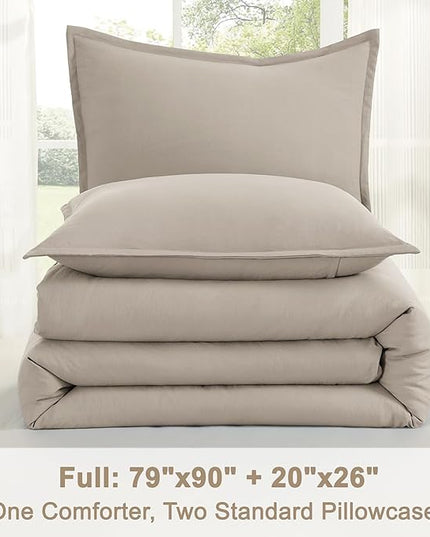 Litanika Oatmeal Comforter Full Size, 3 Pieces Lightweight Solid Bedding Comforter Set, All Season Fluffy Bed Set (79x90In Comforter & 2 Pillowcases)