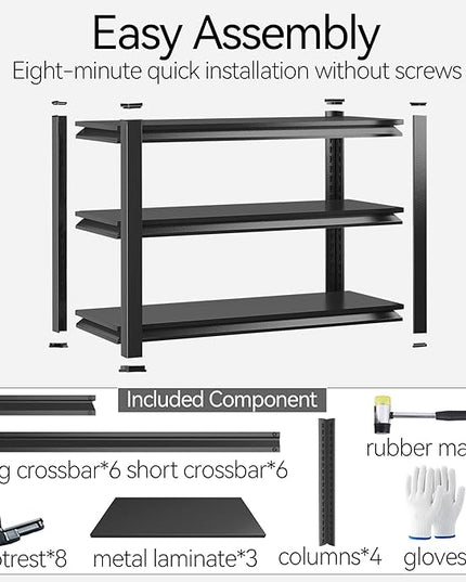 32'' Storage Shelves, 3Tier Garage Metal Shelving Unit, Adjustable, Double-Layer Column with Reinforced Ribs, Heavy-Duty, Capable of Bearing 1800 lbs, Suitable for Garage, Warehouse, Kitchen Storage