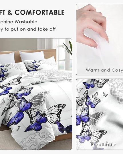 Queen Size Comforter Set with 2 Pillowcases, Summer Spring Purple Butterfly 3 Pcs Bedding for Kids and Adults, Abstract Circular Mandala Floral Soft Comforter Set for Bedroom Bed Decor