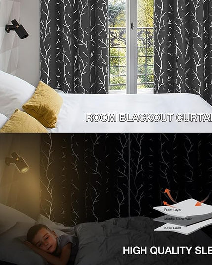 BUHUA Blackout Curtains Set of 2 Panels, Small Window Grommet Top Window Drapes, Room Darking Short Bedroom Curtains with Branches Silver Print Pattern 52W x 54L, Dark Grey