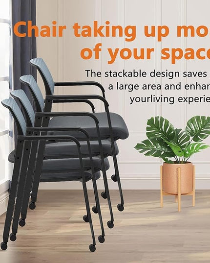 CLATINA Mesh Back Stacking Arm Chairs with Upholstered Fabric Seat and Ergonomic Lumbar Support for Office School Church Guest Reception (WithWheels Gray- 8 Pack)