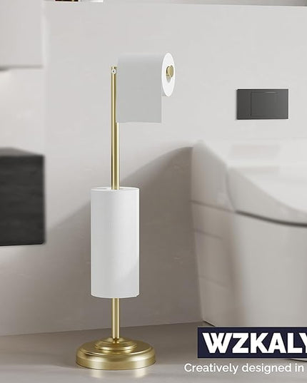 Freestanding Toilet Paper Holder Stand with Storage – Holds 4 Extra Rolls – Brushed Gold Toilet Paper Holder for Bathroom – Sturdy Base, Classic Retro Style, Space-Saving Bathroom Storage