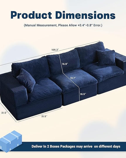 106.3” Sectional Couches for Living Room, Cloud Couch, Modular Sectional Sofa, Convertible Sofas Bed, Deep Seat Sofa, Corduroy, Blue