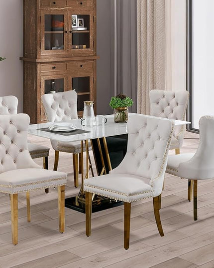 SoarFlash Velvet Dining Chair Set of 8, Upholstered Tufted Dining Room Chair with Nailhead Trim and Solid Gold Plated Leg for Kitchen (Beige)