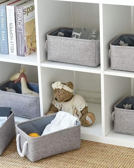 TheWarmHome Foldable Small Storage Baskets with Strong Cotton Rope Handles [6-Pack] Gray Collapsible Storage Bins Set Works Room Storage, Nursery Baskets