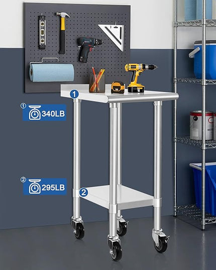 HARDURA Stainless Steel Commercial Work Table with Wheels Prep & Work Metal Table 24×18 Inches Heavy Duty NSF with Casters and 2" Backsplash