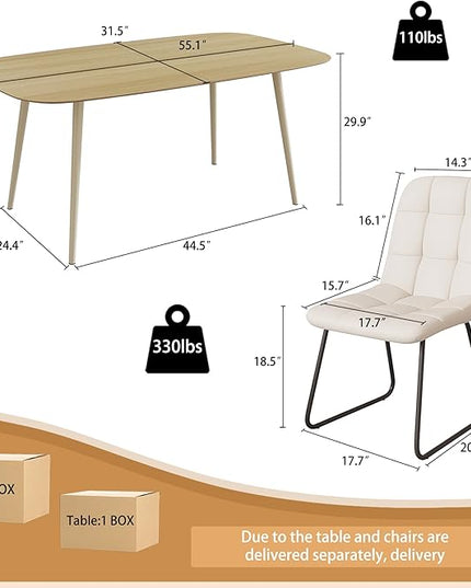 47.2'' Dining Table Set for 4 - Modern Wood Table with Cat Scratch-Resistant Surface & 4 U-Shaped White Leather Chairs, Kitchen & Dining Room Furniture, Space-Saving Table and Chairs Set