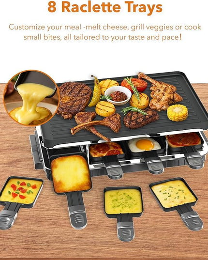 HBN Electric Raclette Table Grill with 8 Warming Trays, 2-in-1 Korean BBQ Grill & Electric Griddle Nonstick, Adjustable Temperature Control,1300W, Great for Indoor Family Gatherings, Parties & Dining