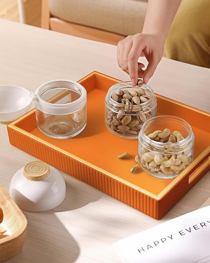 SANZIE Leather Tray Desktop Storage Organizer Premium Serving Tray Decorative Tray Valet Tray for Sundries Cosmetics Phone Wallet Cutlery, Rectangular, Orange
