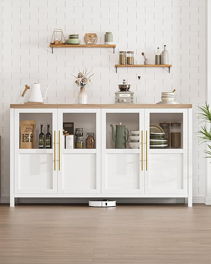 Sideboard Buffet Cabinet, 55" Large Modern Farmhouse Storage Cabinet Table with 4 Glass Doors and Shelves, Multi-Room Use for Kitchen, Dining Room, Living Room, and Hallway