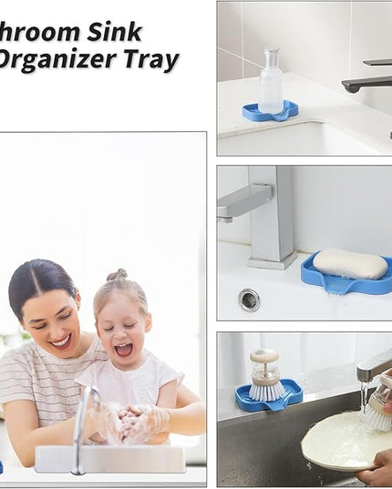 Silicone Bathroom Soap Dishes with Drain Spout-Bathroom and Kitchen Sink Organizer,Sponge Holder,Dish Soap Tray,Perfect for Dispenser,Scrubber,Bottle,Cup on Counter Lichen Blue 4.9"×3.2"