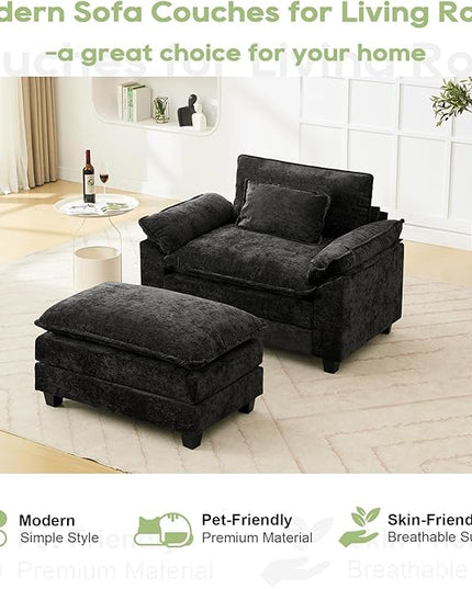 53" Modular Sectional Sofa, Comfy Cloud Couch Sectional Sofa with Ottoman, Chenille Sofa Sleeper Deep Seat Sofa with Throw Pillows for Living Room (Black)