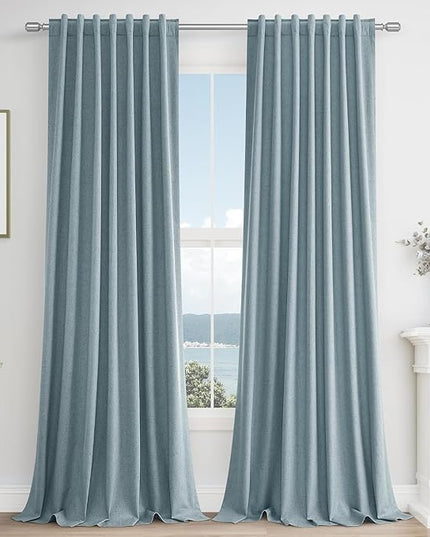 Guken Blue Linen Blackout Curtains 94 Inch Length 2 Panels Set for Living Room Bedroom Back Tab Thermal Insulated 100% Black Out Linen Drapes Room Darkening Window Curtains 94 Inches Long Dusty Blue