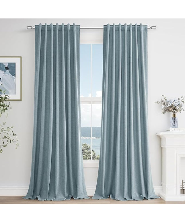 Guken Blue Linen Blackout Curtains 98 Inch Length 2 Panels Set for Living Room Bedroom Back Tab Thermal Insulated 100% Black Out Linen Drapes Room Darkening Window Curtains 98 Inches Long Dusty Blue