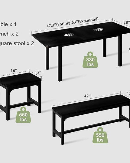 Feonase 5-Piece Dining Table Set for 4-8 People, 63" Large Extendable Kitchen Table Set with 2 Benches and 2 Square Stools, Dining Room Table with MDF Wood Board, Easy Assembly, Black