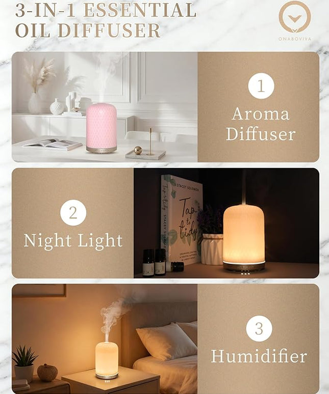 Essential Oil Diffuser for Home, 120ML Diffusers for Essential Oils Large Room, Ceramic Diffuser with USB Cable, Warm Ambient Light, Aromatherapy Diffuser Home Decor, Gift Choice, Pink