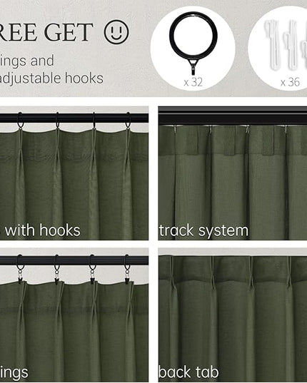 Topfinel 96 Inches Long Pinch Pleated Semi Sheer Curtains,Olive Green Linen Blended Light Filtering Window Curtains 96 Length for Living Room Bedroom Pinch Pleat Drapes with Hooks 2 Panels 72" Wx96 L