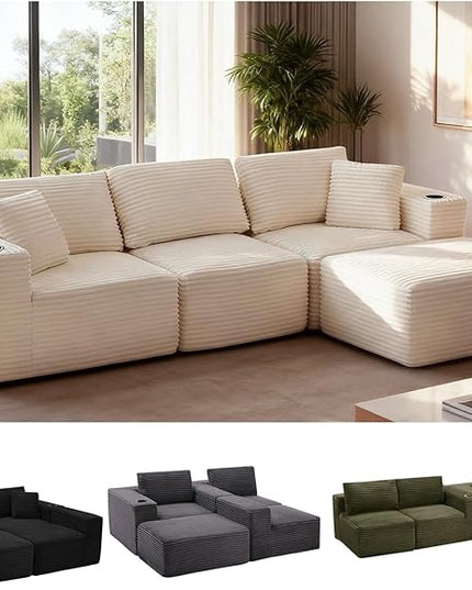110" Boneless Couch in A Box, Corduroy Cloud Couch Sectional Couches for Living Room, Convertible L Shaped Modular Sectional Sofa Set with Deep Seat, No Assembly Required(3 Seat+ 1 Ottoman,Beige)