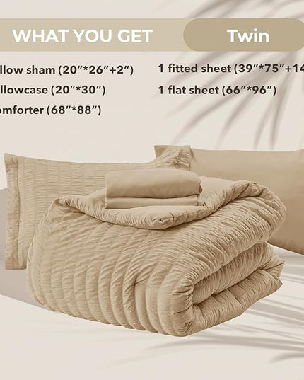 HYMOKEGE Khaki Twin Comforter Set Seersucker 5 Pieces, All Season Luxury Bed in a Bag for Bedroom, Bedding Set with Comforter, Sheets, Pillowcase & Sham