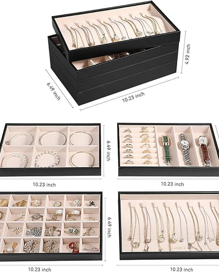 LANDICI Stackable Jewelry Organizer Trays 4 Set,PU Leather Jewelry Organizer Drawer,Jewelry Storage Display Tray for Earring Necklace Rings Bracelet with Removable Dividers,Black