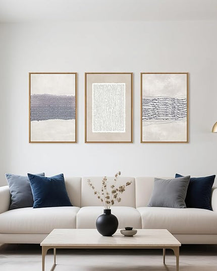 HOURIA Blue White Abstract Neutral Framed Canvas Wall Art Set,Minimalist Boho Waves Lines Wall Decor,Modern Geometric Shapes Print,Mid Century Grunge Artwork for Living Room,Bedroom,Office- 16"x24"x3