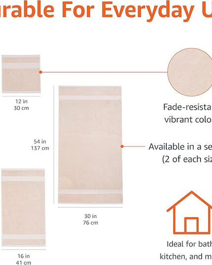 Amazon Basics Fade Resistant Bath, Hand and Washcloth Towel Set, 100% Cotton, Set of 6, 30 x 54 inches, Blush Pink