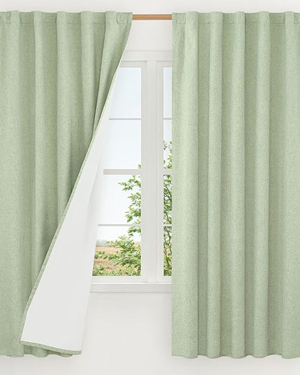 LAMIT 100% Blackout Linen Curtains, 63 Inches Linen Textured Thermal Bedroom Curtains Back Tab and Rod Pocket Neutral Panels with White Liner for Short Windows, 2 Panels, Light Green, 42 x 63 Inch