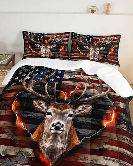 Deer Bedding Sets for Kids Boys Girls Room Decor,Hunting Themed American Flag Bedding Comforter Sets,Western Comforter Sets Camo Queen Bedding Set with 2 Pillowcases.