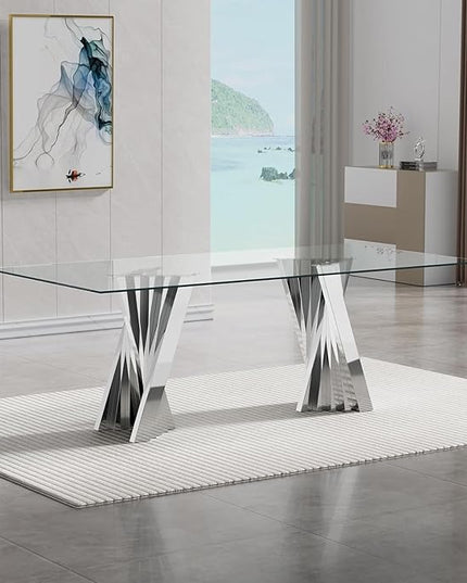 Goujxcy 70" Modern Glass Dining Table for 6-8, Luxury Silver Glass Dining Room Table with Mirrored Flash-Shape Stainless Steel Base, Rectangle Kitchen Dinner Tables for Dining Room Kitchen