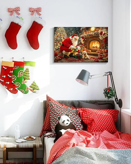 YONICA Christmas Wall Decor Santa Canvas Wall Art Home Decorations 32x24 Inches - Santa Pictures Christmas Pine Tree Pet Dog Prints Winter Painting Xmas Artworks for Living Room Bedroom