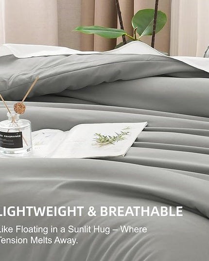 Litanika Comforters Medium Gray Super King Plus Size, 3 Pieces Lightweight Solid Bedding Set & Collections, All Season Fluffy Bed Set (128x120In Comforter & 2 Pillowcases)