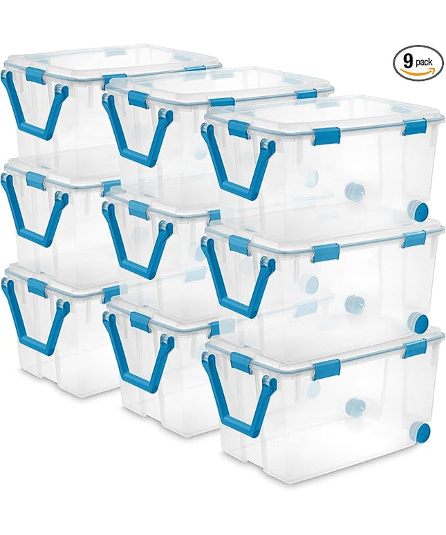 Sterilite 9-Pack Gasket Box, Weather-Resistant Storage Bins with Latching Lids, 120 Quart - Heavy-Duty Organizing Containers for Closet, Bathroom, and Office