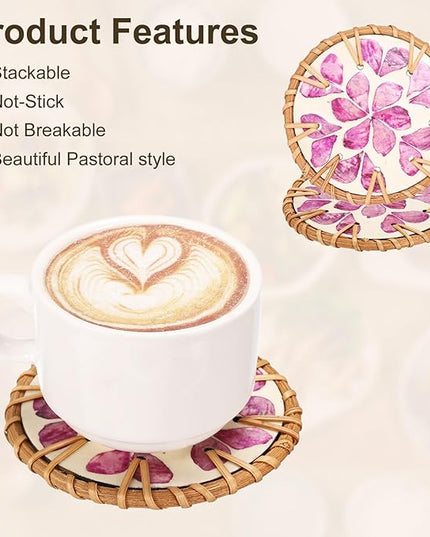 uxcell 2Pcs Handmade Woven Rattan Coasters, Heat-Resistant Drink Coasters for Coffee Table Dining Room Kitchen Coffee Wine Decor, Purple Petal