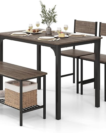 COSTWAY Dining Table Set for 4, Rectangular Kitchen Table Set with Bench and 2 Chairs, Storage Rack & Metal Frame, 4-Piece Dining Room Table and Chairs Set for Small Space, Apartment (Grey)