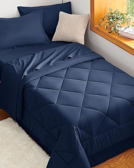 CozyLux Twin XL Comforter Set Navy Blue - 5 Pieces Twin Extra Long Bed in a Bag for College Dorm, All Season Bedding Set for Girls and Boys, Soft Bed Set with Comforter, Sheets, Pillowcase & Sham