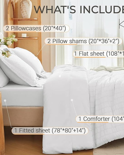 MUXHOMO 7 Pieces King Comforter Set, Seersucker Bed in a Bag King Size, All Season Luxury Bedding Set with Comforter, Flat Sheet, Fitted Sheet, Pillowcases & Shams, White