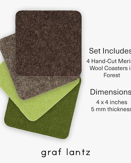 Graf Lantz - Bierfilzl Merino Wool Square Coasters Set of 4 - Forest (4"x4"x5mm) - Absorbs 30% of Weight - Natural German Wool - Heat Resistant, Sustainable, Reusable - Home Decor, Coffee Table Decor