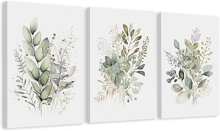 WRFON Watercolor Botanical Wall Art Set of 3 Boho Sage Green Wildflower Canvas Wall Art Prints Modern Floral Wall Decor for Bedroom Living Room Bathroom Decorations Framed 12x16 Inches