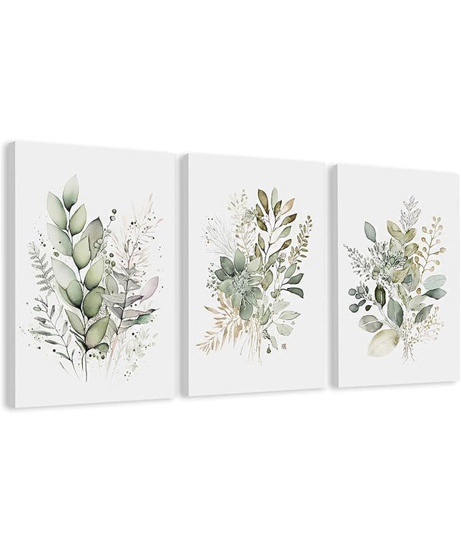 WRFON Watercolor Botanical Wall Art Set of 3 Boho Sage Green Wildflower Canvas Wall Art Prints Modern Floral Wall Decor for Bedroom Living Room Bathroom Decorations Framed 12x16 Inches