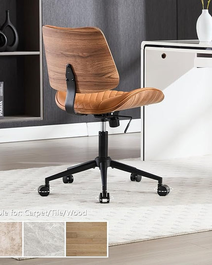 Home Office Chair No Arms with Wheels, Adjustable Height PU Leather Mid Back, 360 Swivel Computer Small Desk Chair, Armless Modern Walnut Style for Office, Reading Meeting Room(Brown)