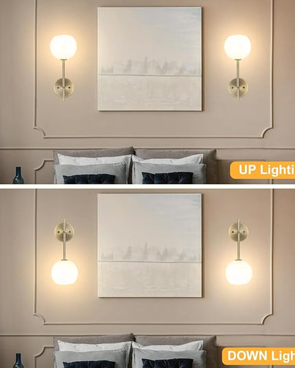 Brass Battery Operated Wall Sconces Set of 2, Rechargeable Wireless Wall Lights with Milky White Frosted Glass, 12 RGB and 3CCT Dimmable, Wall Lamps with Remote for Bedroom Living Room Hallway