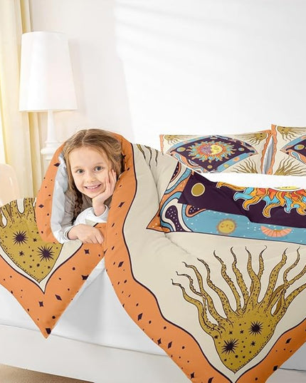 Sun Moon Trippy Comforter Set Full, Star Galaxy Boho Exotic Bedding Set 3pcs for Kids Teens Adults Room Decor, Geometric Creative Quilt Set, Colorful Bright Duvet Insert with 2 Pillowcases