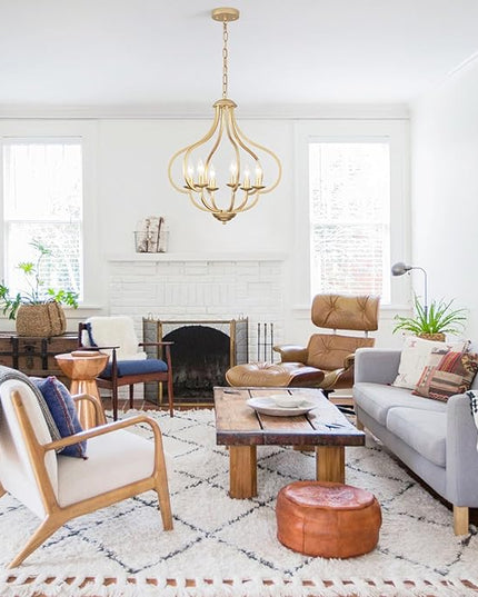 18‘’ Antique Gold Farmhouse Chandelier, 6 Light Dining Room Light Fixtures Modern Industrial Candle Pendant Lights Kitchen Island, Bedroom, Foyer, Living Room, Entryway