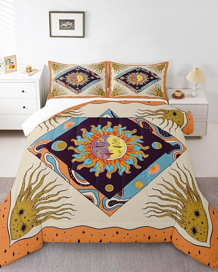 Sun Moon Trippy Comforter Set Queen, Star Galaxy Boho Exotic Bedding Set 3pcs for Kids Teens Adults Room Decor, Geometric Creative Quilt Set, Colorful Bright Duvet Insert with 2 Pillowcases