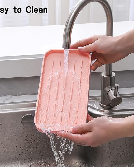 Silicone Kitchen Sink Organizer Tray for Multiple Usage,Easy Clean,Eco-Friendly Sponges Holder for Kitchen Bathroom Counter or Sink,Dish Soap Dispenser,Scrubber,Bottle,Cup Pink 10”x 5.3”