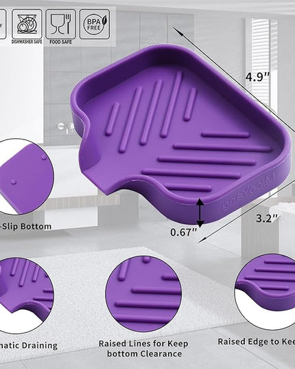 Silicone Bathroom Soap Dishes with Drain Spout-Bathroom and Kitchen Sink Organizer,Sponge Holder,Dish Soap Tray,Perfect for Dispenser,Scrubber,Bottle,Cup on Sink or Counter-Purple 4.9"×3.2"