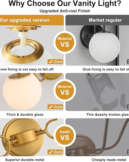 2 Lights Bathroom Vanity Light Fixtures Over Mirror, Brushed Gold Vintage Vanity Lights For Bathroom With Milk White Glass Globe Shade, Wall Lights For Bedroom, Hallway, Dressing Table,Includ G9 Bulbs