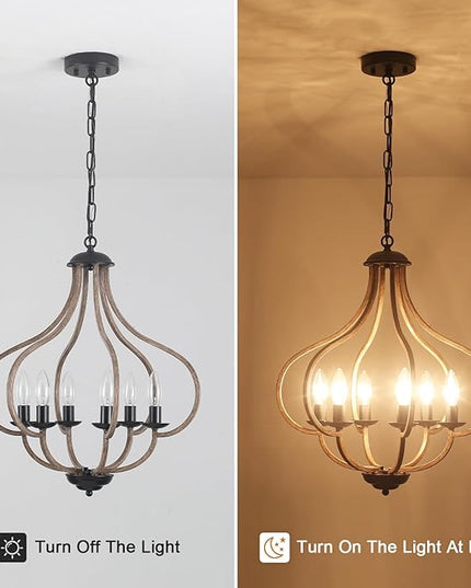 18‘’ Wood Farmhouse Chandelier, 6-Light Vintage Rustic Oak Brown Pendant Lights for Kitchen Island Lighting for Hallway Entryway Foyer Living Room Bedroom