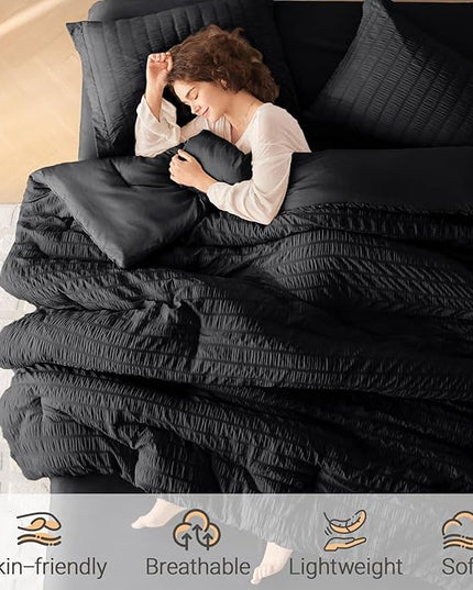 MUXHOMO 7 Pieces King Comforter Set, Seersucker Bed in a Bag King Size, All Season Luxury Bedding Set with Comforter, Flat Sheet, Fitted Sheet, Pillowcases & Shams, Black